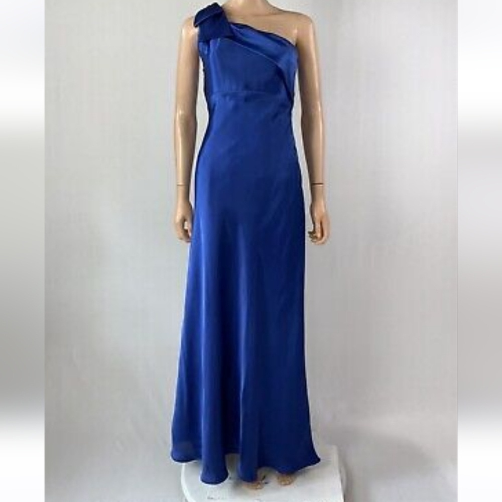 Jessica McClintock by Gunne Sax Cobalt Blue One Shoulder Dress Gown Bow 0 2‎